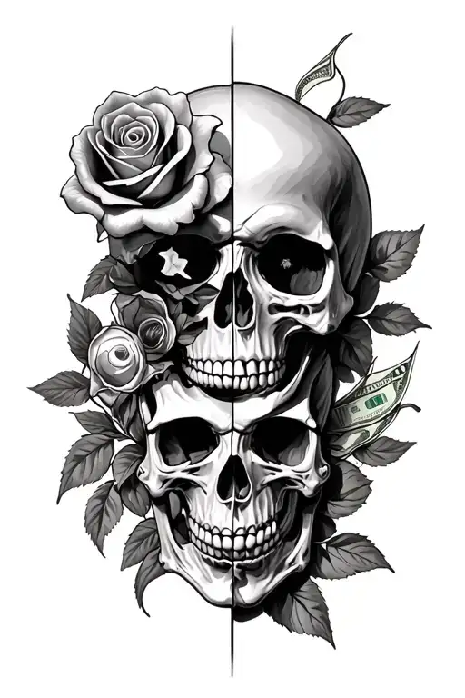 skull with a money rose and camera lens morphing half skeleton tattoo design idea