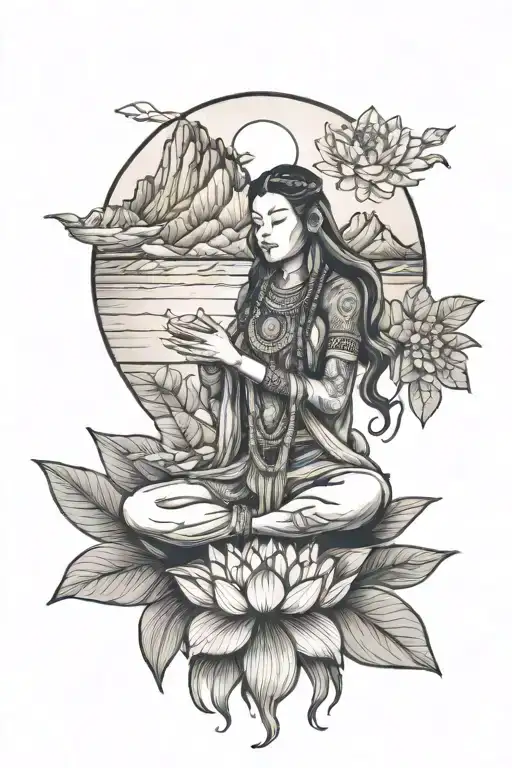beautiful pachamama sit on lotus holding earth with mountain background surrounded by coco leaves tattoo design idea