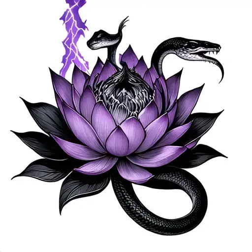 A sketch of a tattoo, a black three -headed snake wraps a lotus flower, purple lightning tattoo design idea