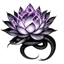 A sketch of a tattoo, a black three -headed snake wraps a lotus flower, purple lightning tattoo design idea