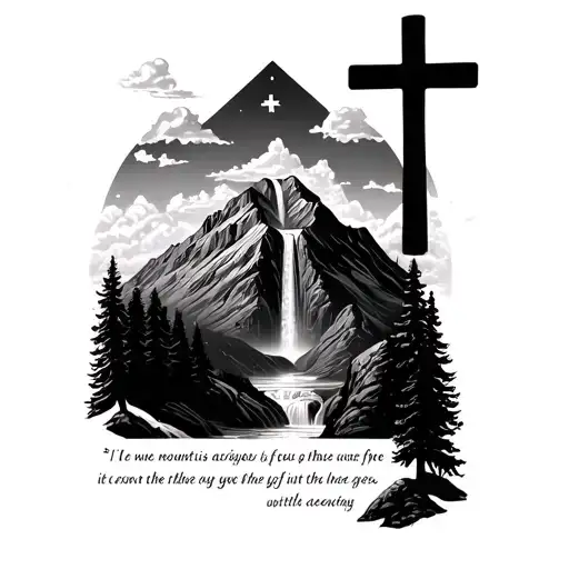 mountain with waterfall and clouds above it with bible verse under  of the mountain not line art 3 cross on top tattoo design idea
