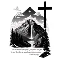 mountain with waterfall and clouds above it with bible verse under  of the mountain not line art 3 cross on top tattoo design idea