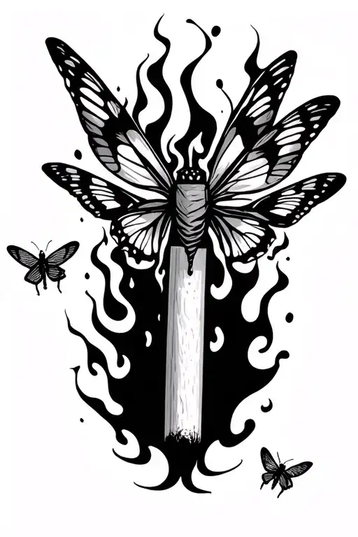 a match stick already burned with moths and buterflies around it with some flames in their wings and some smoke arround tattoo design idea