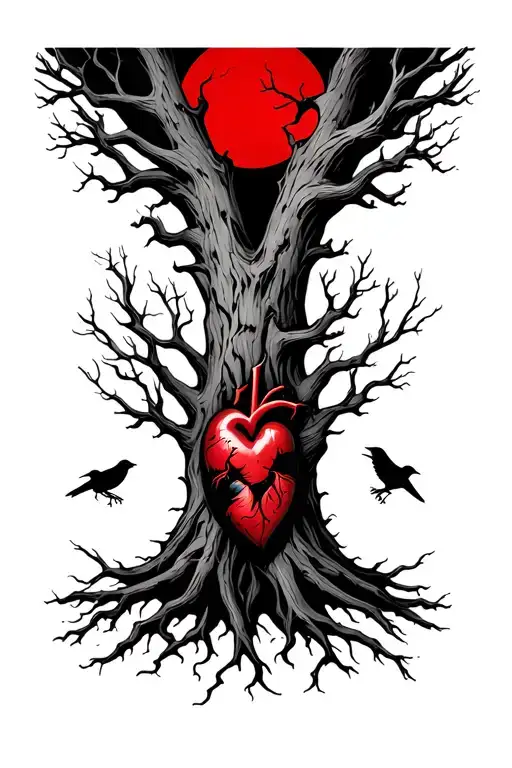 dead tree with a black heart at the roots and crows around the branches and a red moon in the background  tattoo design idea