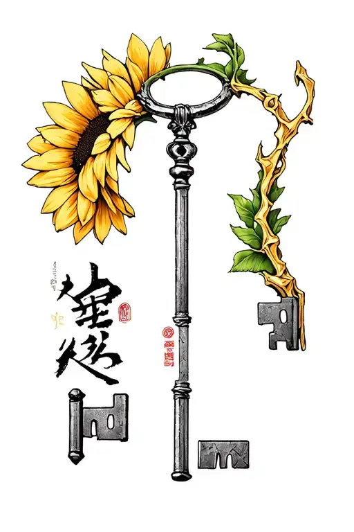 Monica name in Chinese letter with Kintsugi features next to an old key and a sunflower tattoo design idea