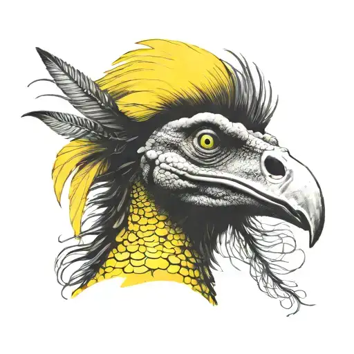 the head od aTyrannosaurus Rex boasting vibrant yellow feathers inspired by the Seasame Street character Big Bird tattoo design idea