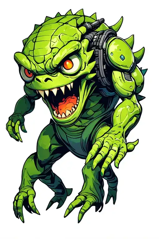 a cyberpunk tattoo with thw following objects- a greenish monster about 12 ft height, right arm longer, touching ground tattoo design idea