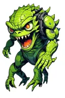 a cyberpunk tattoo with thw following objects- a greenish monster about 12 ft height, right arm longer, touching ground tattoo design idea