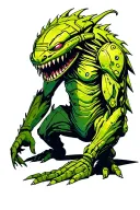 a cyberpunk tattoo with thw following objects- a greenish monster about 12 ft height, right arm longer, touching ground tattoo design idea