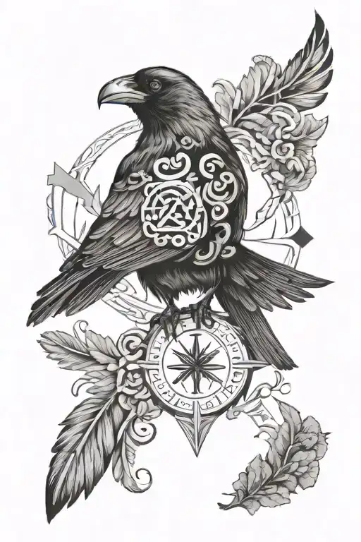 Design a Nordic-style tattoo with a raven above the Gemini sign, surrounded by Nordic runes. Incorporate nature elements tattoo design idea