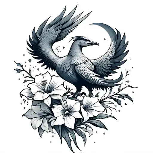 Phoenix with gladiolus and moon tattoo design idea