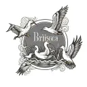 Make a tattoo that says Bribiesca and in the letters there is a marsh and ducks flying in black and white tattoo design idea