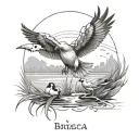 Make a tattoo that says Bribiesca and in the letters there is a marsh and ducks flying in black and white tattoo design idea
