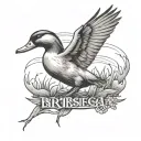 Make a tattoo that says Bribiesca and in the letters there is a marsh and ducks flying in black and white tattoo design idea