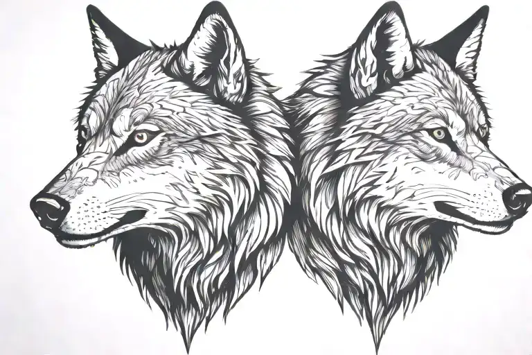 looking at each other a two splited wolfs heads one of them angry tattoo design idea