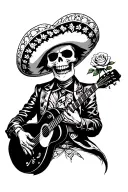 sad skeleton mariachi playing guitar holding rose tattoo design idea