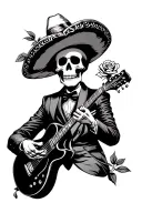 sad skeleton mariachi playing guitar holding rose tattoo design idea