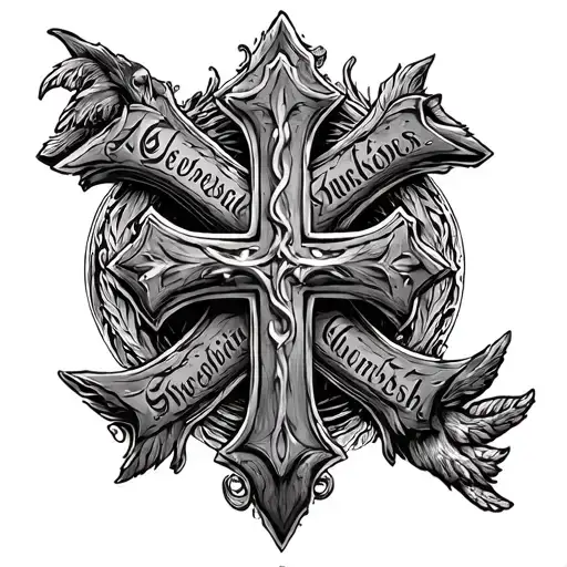 Cross with Cologne Cathedral Surrounded, Löwenkopf, Labrador, lettering Famillisch tattoo design idea