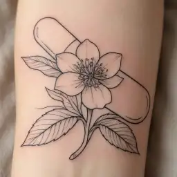 A minimalist tattoo of a prescription pill capsule split open to reveal a blooming flower inside, representing the healing power of medicine. tattoo design idea