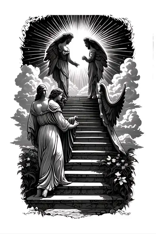 stairway to heaven walking up stairs angels sun rays clouds heaven gate at the top of the stairs  tattoo design idea