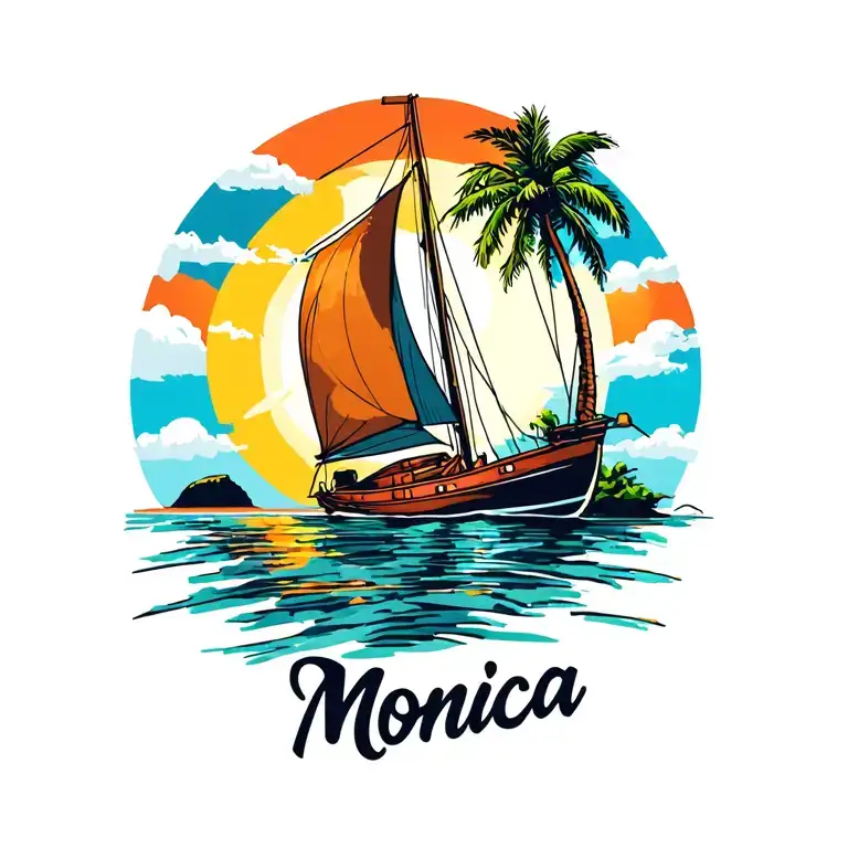 "Monica" sailboat in foreground, background full sunrise sky, small island in far background with plam vibrant colors no borders tattoo design idea