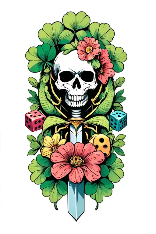 lucky clover spider centipede skull flowers dice swords knife tattoo design idea