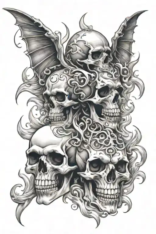 skulls with fire and death and demons  tattoo design idea