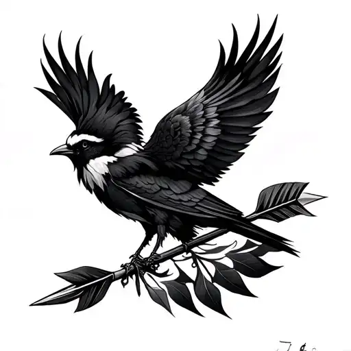help me design a black and white tattoo for the fore arm must be a ubstruct type plus have a arroww and a big black brid tattoo design idea