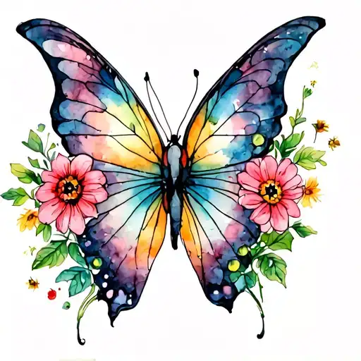 half butterfly with flowers intertwined tattoo design idea