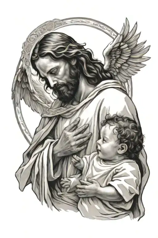 Jesus holding and looking at a baby angle the baby angle having wings and a halo tattoo design idea
