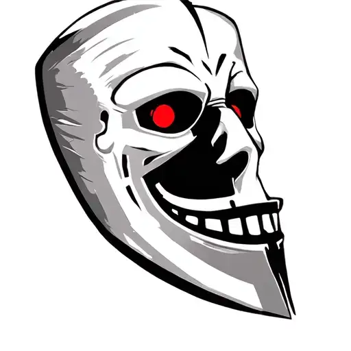 Executioner mask and face. open smile, red eyes tattoo design idea