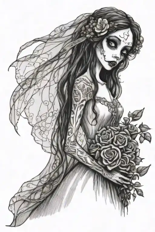The Corpse bride from the tim burton film in her original wedding dress and veil holding her bouquet of flowers.  tattoo design idea