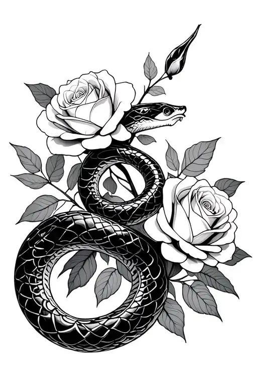 a minimalistic tattoo that is a trible snake that is feminine and wrapped around white roses tattoo design idea
