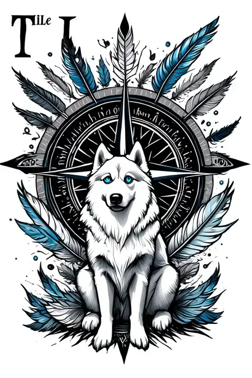 "TILLEY" , compass, Feathers turning into Birds, white samoyed husky blue eyed dog sitting tattoo design idea
