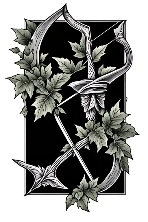 bow and arrow with ivy leaves intertwined tattoo design idea