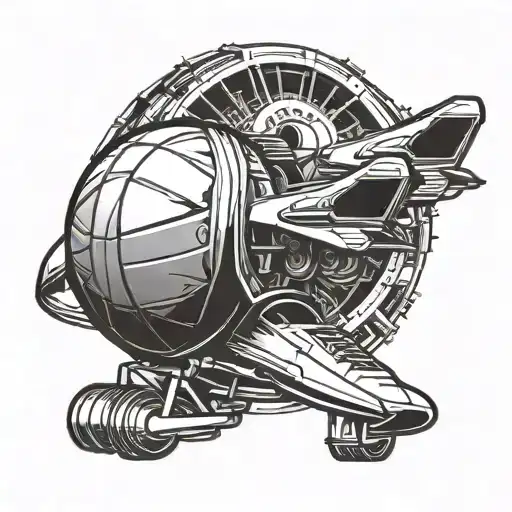A basketball merging into a jet engine design tattoo design idea