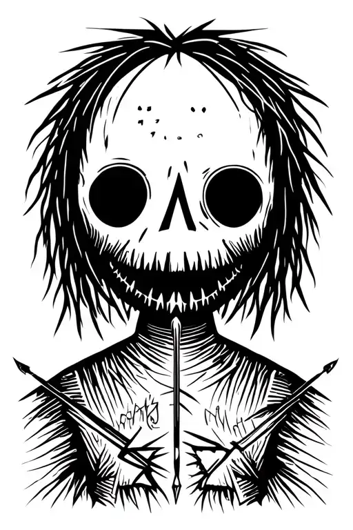 simple psychedelic male voodoo doll with long hair and needle through body tattoo design idea