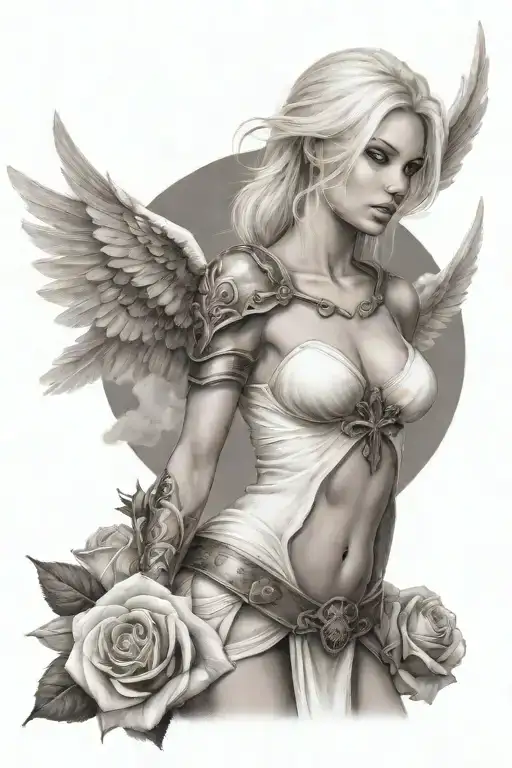 a sexy blond female angel as a warrior with some clouds, a rose and a Cross for a halfsleeve tattoo tattoo design idea