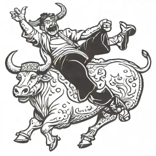 Joyful man with wide legs, giving thumbs-up, riding an imaginary bull, smiling. tattoo design idea