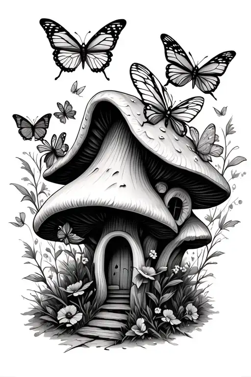 butterflys around mushroom fairy house tattoo design idea
