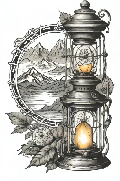 lantern with compass and mountains panorama tattoo design idea