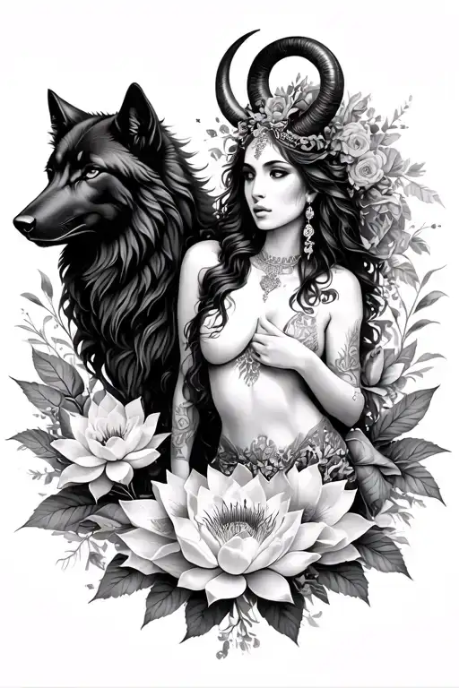 Aries sexy goddess surrounded by poeny and lotus flowers and black wolf  tattoo design idea