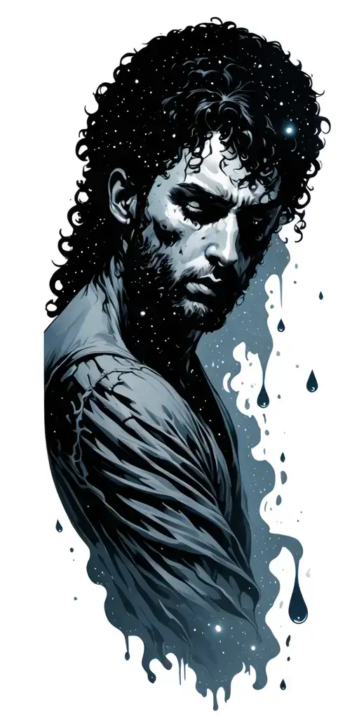 Hypaethral, Myst (game) falling man from tear in starry sky. tattoo design idea