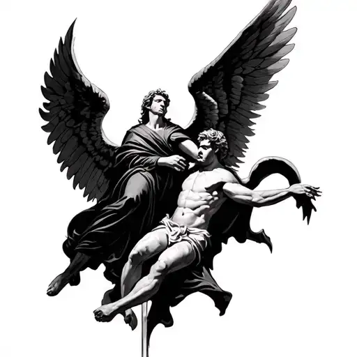 Arch Angel Michael wearing dark robes defeating Lucifer falling tattoo design idea
