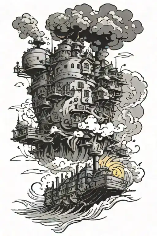 Howl"s Moving Castle With Blasting Waves tattoo design idea