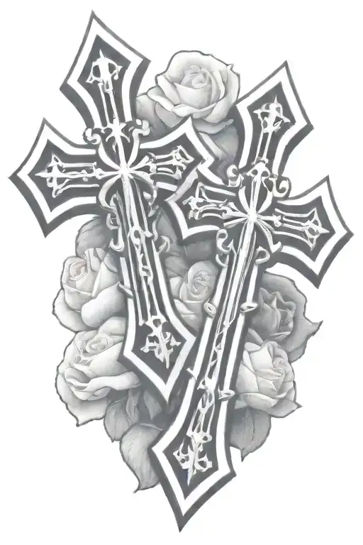 two chrome hearts crosses very close to eachother with a rose behind them.  tattoo design idea