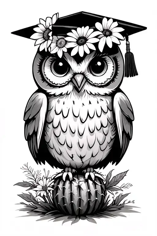 cute graduating owl with sunflower, lily, daisy crown sitting on a cactus tattoo design idea