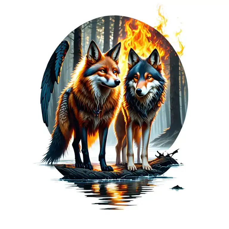demonic fox standing in a creek on one side, other side angelic wolf standing in burning forest tattoo design idea