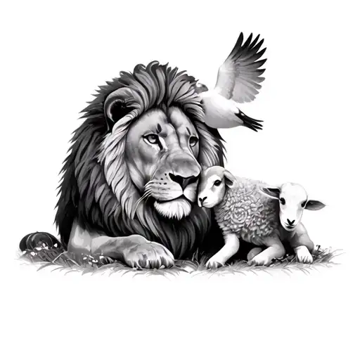 lion with dove and lamb looking tattoo design idea