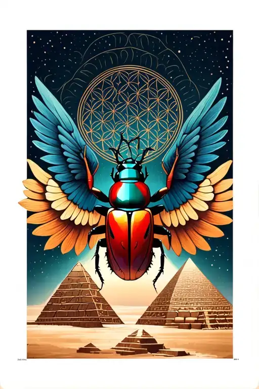 flower of life pattern behind pyramid of Giza, crimson scarab beetle with open wings tattoo design idea